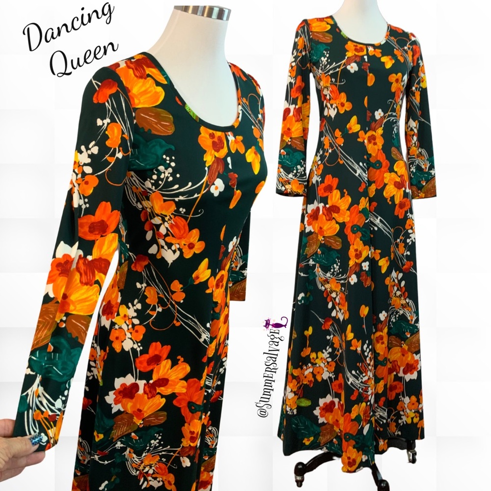 SOLD Vtg 1970s Polyester Autumn Floral Maxi Long Sleeves Hippie Disco Festival S